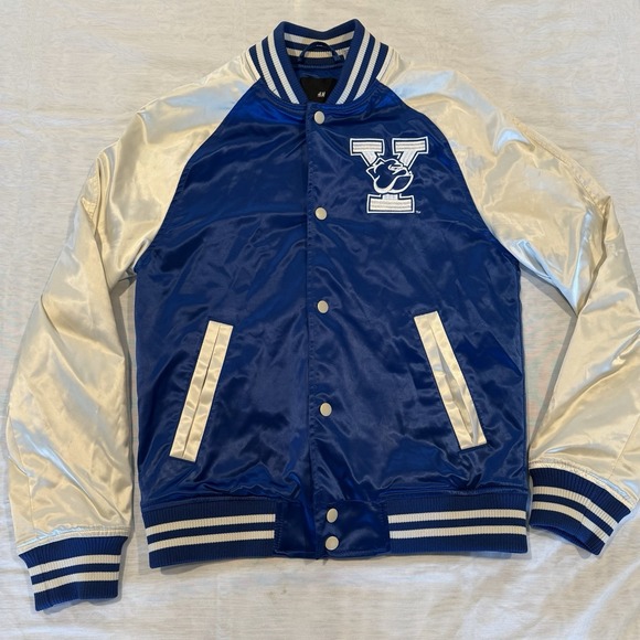 H&M Yale University Satin Jacket Womens XS Blue White Letterman Varsity Bomber - Picture 1 of 15